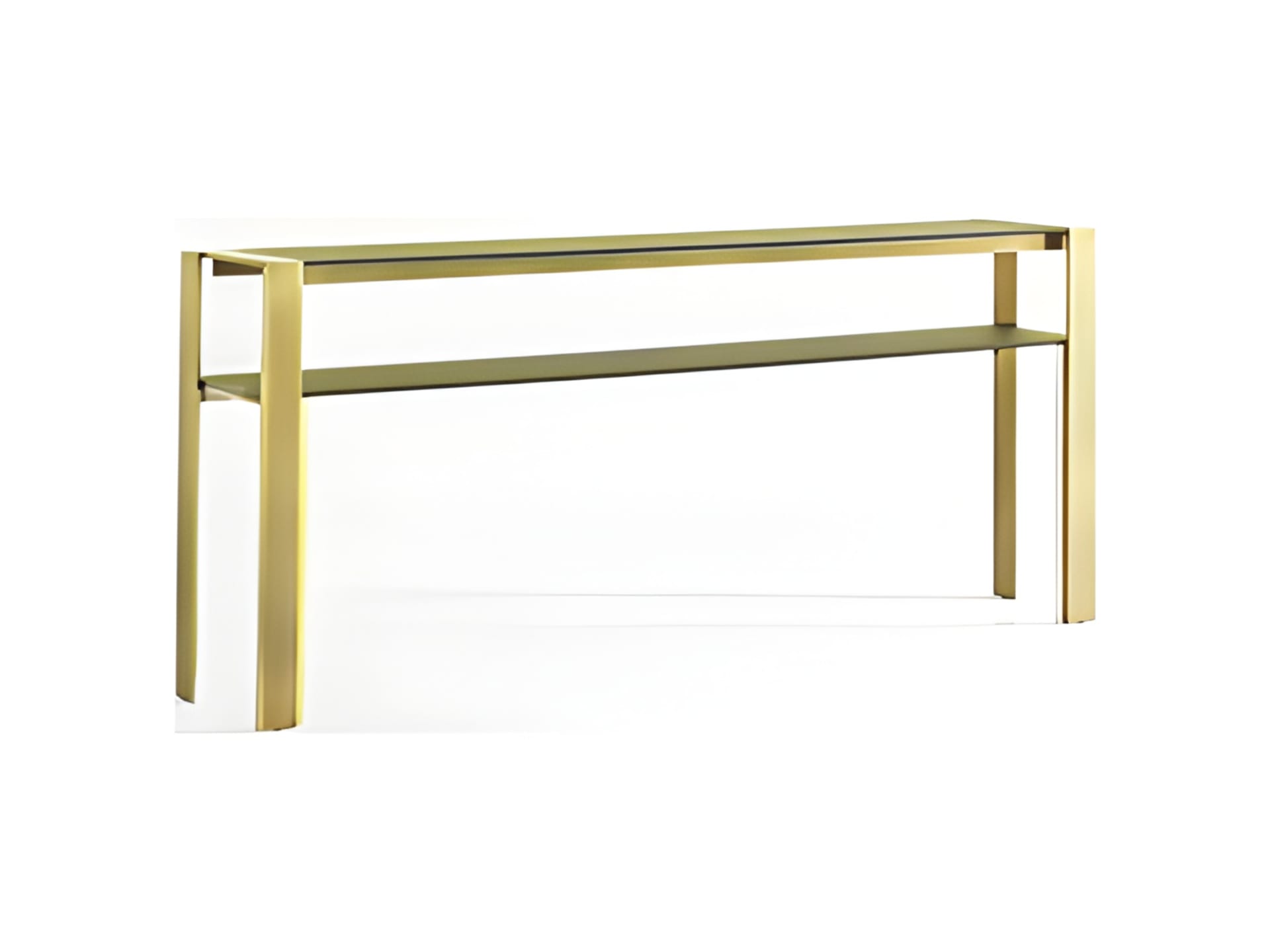 Pure console | Rugiano. Sleek console with clear-cut lines, featuring elegant glass tops and a sophisticated bronze structure.