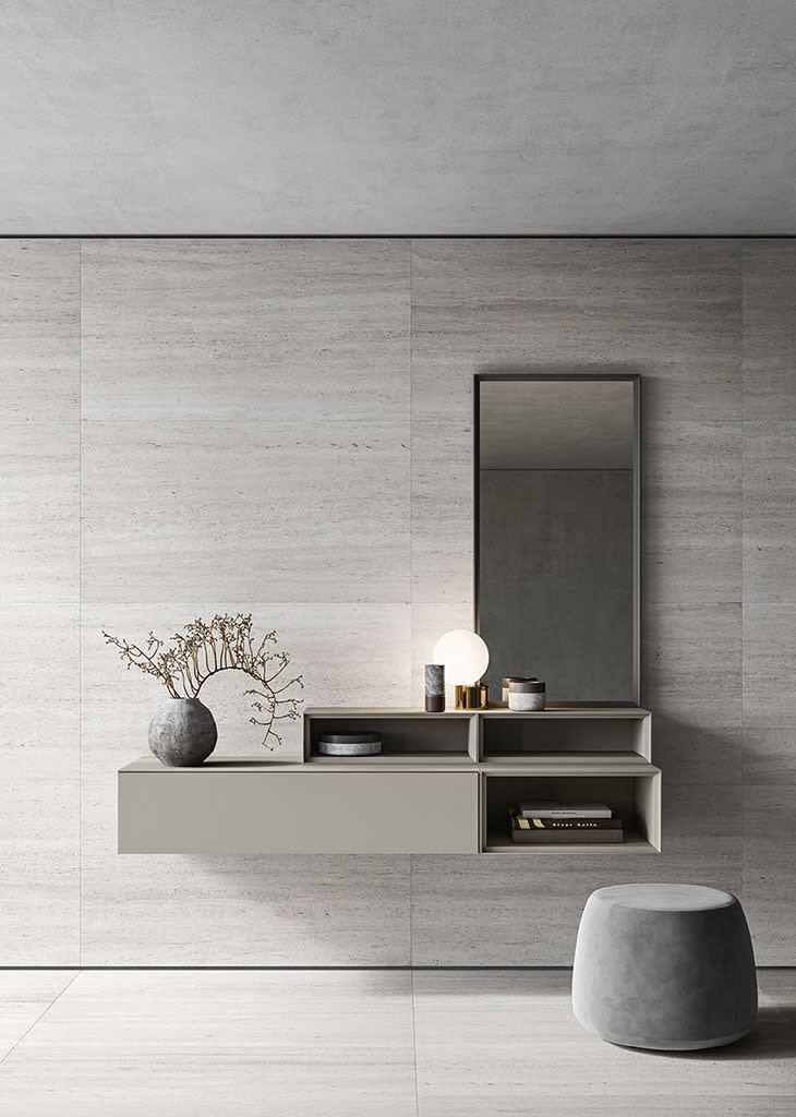Fil bedside table | ALF Dafre. Modular storage units with minimalist design, versatile mounting, and dual opening mechanisms.