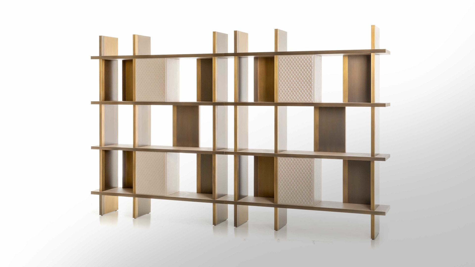 Asia High Box bookcase | Rugiano. A luxurious modular bookshelf with metal structure, leather-upholstered shelves, and optional integrated compartments.
