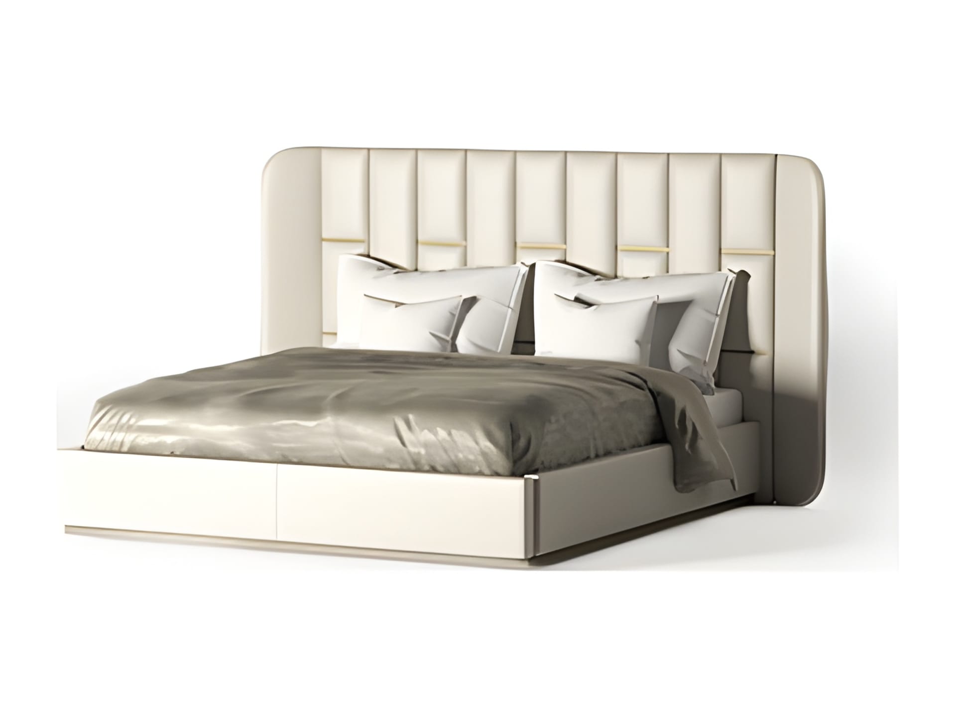 Victoria bed | Rugiano. Luxurious upholstered bed with a distinctive geometric headboard and elegant metal details.
