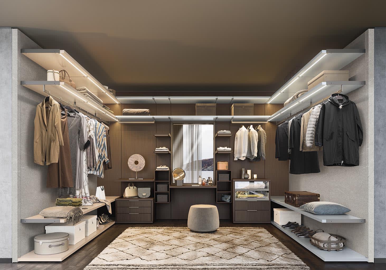 Store closet | ALF Dafre. Modular walk-in wardrobe system with a wide range of elements for perfect organization and personalized design.